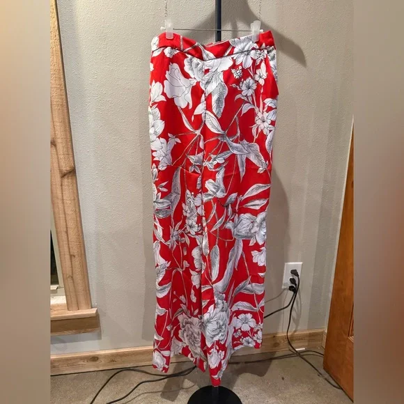 Elie Tahari Red Floral Wide Leg Pants NWT Silky Satin Flowy Palazzo Trousers - Picture 2 of 10